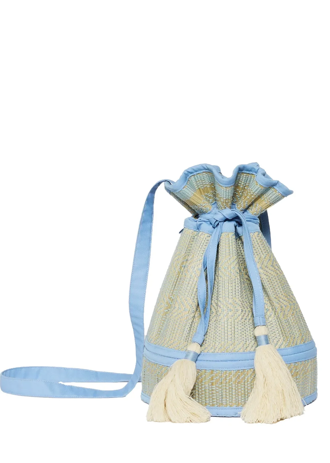 Back view of the Lorna Murray Blue Bird Mini Leisure Tote featuring handcrafted natural grass fibre weaving and a drawstring closure.