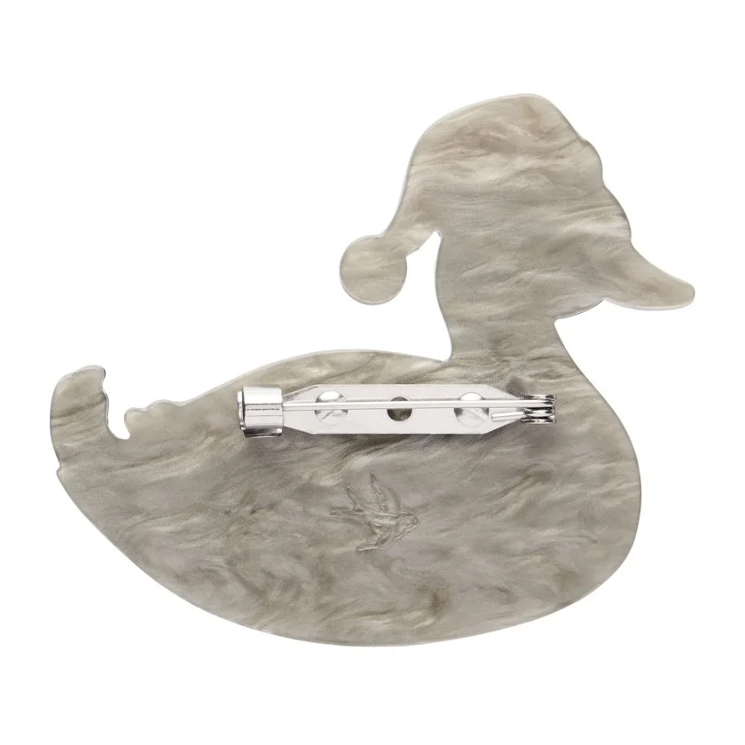 Erstwilder Daphne the Duck Christmas brooch with Santa hat and marbled feathers. Limited small-batch festive gift exclusive in Hong Kong at Goosebump.