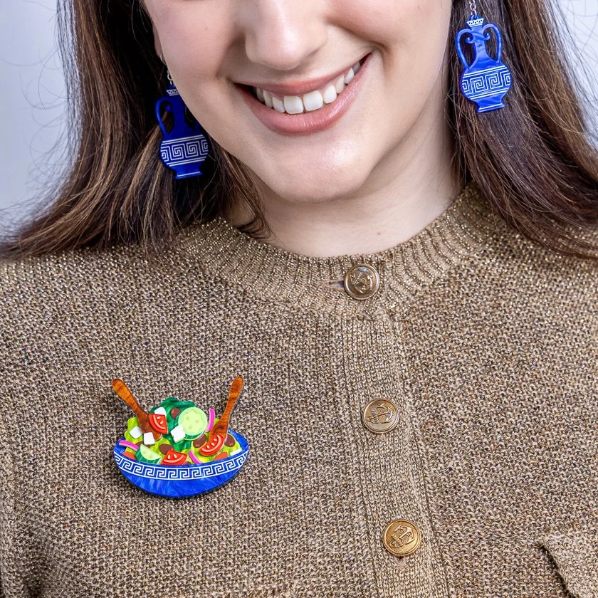 Erstwilder Greek Salad Brooch inspired by Greek food culture, handcrafted resin brooch with playful culinary design