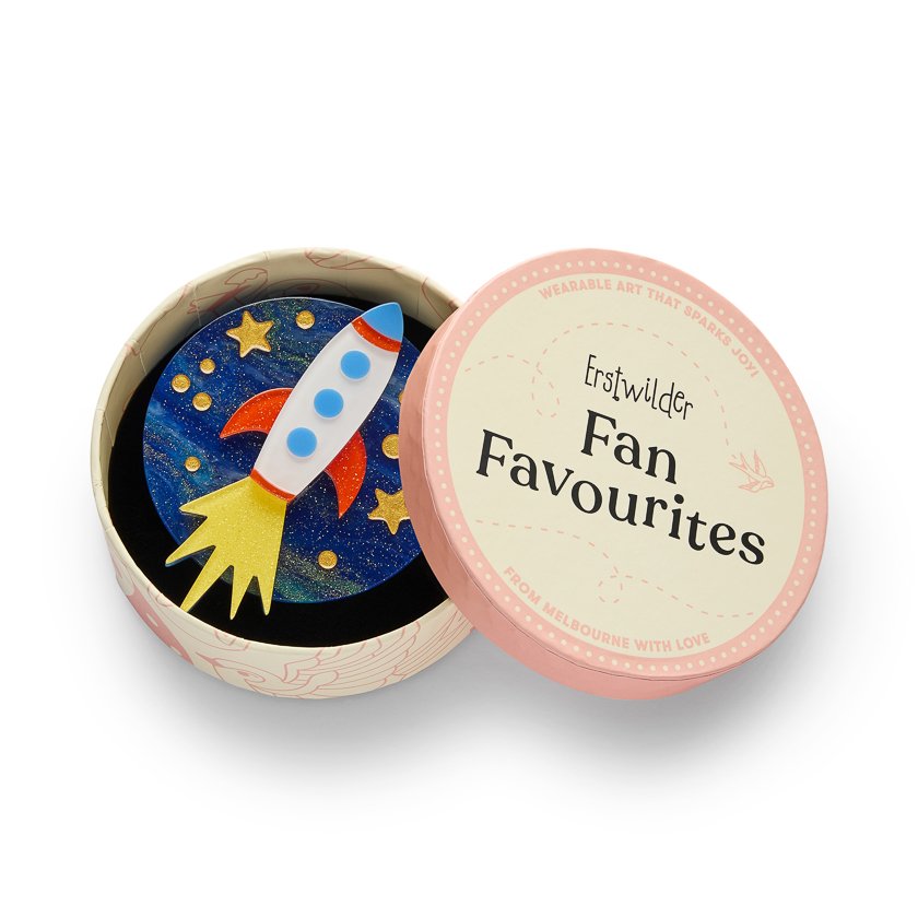 Erstwilder Blast Off! Brooch featuring a layered rocket design with a bright, space-inspired look.