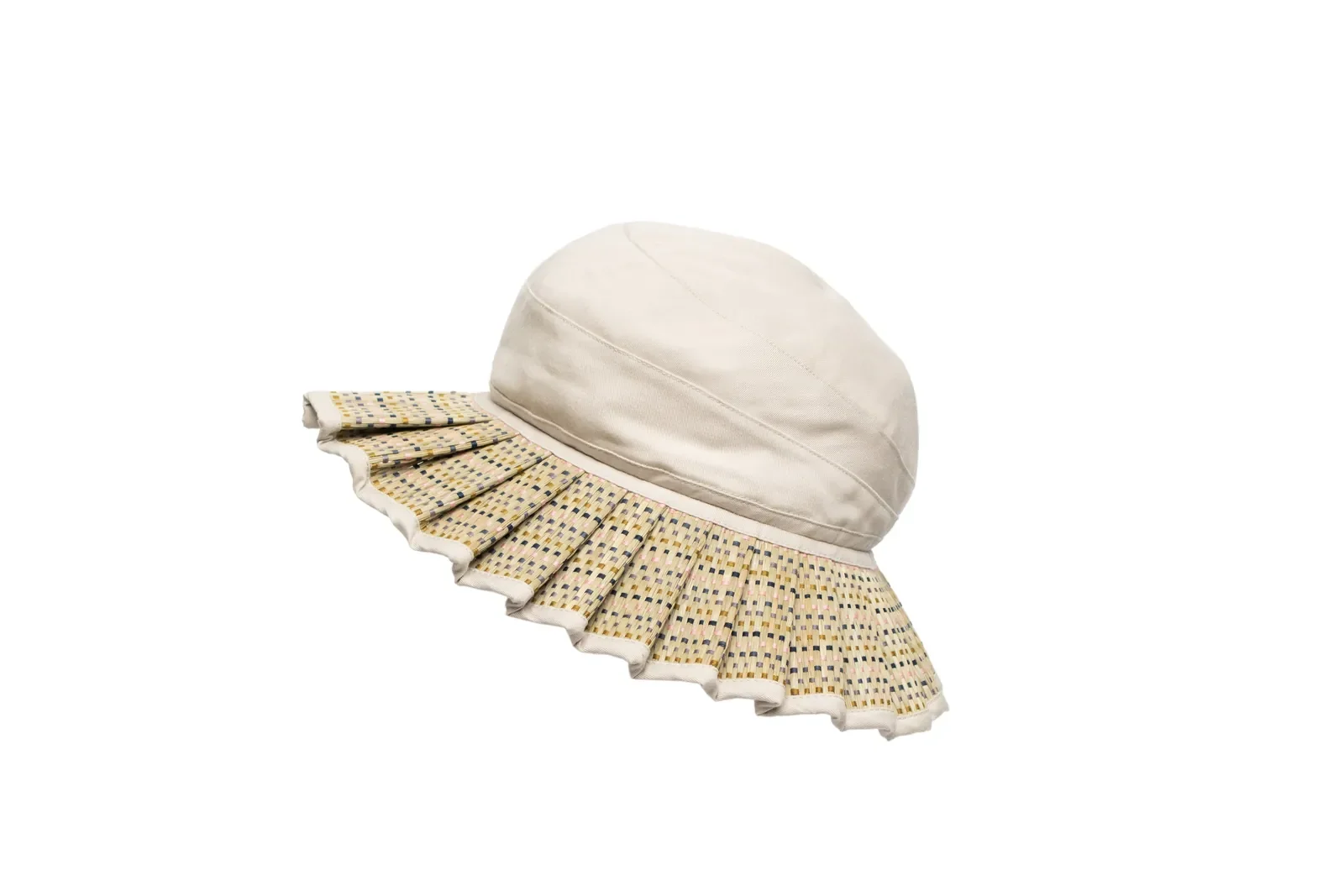 Lorna Murray Sandbar Oasis Hat side profile in handwoven natural grass fibres with a pleated brim.