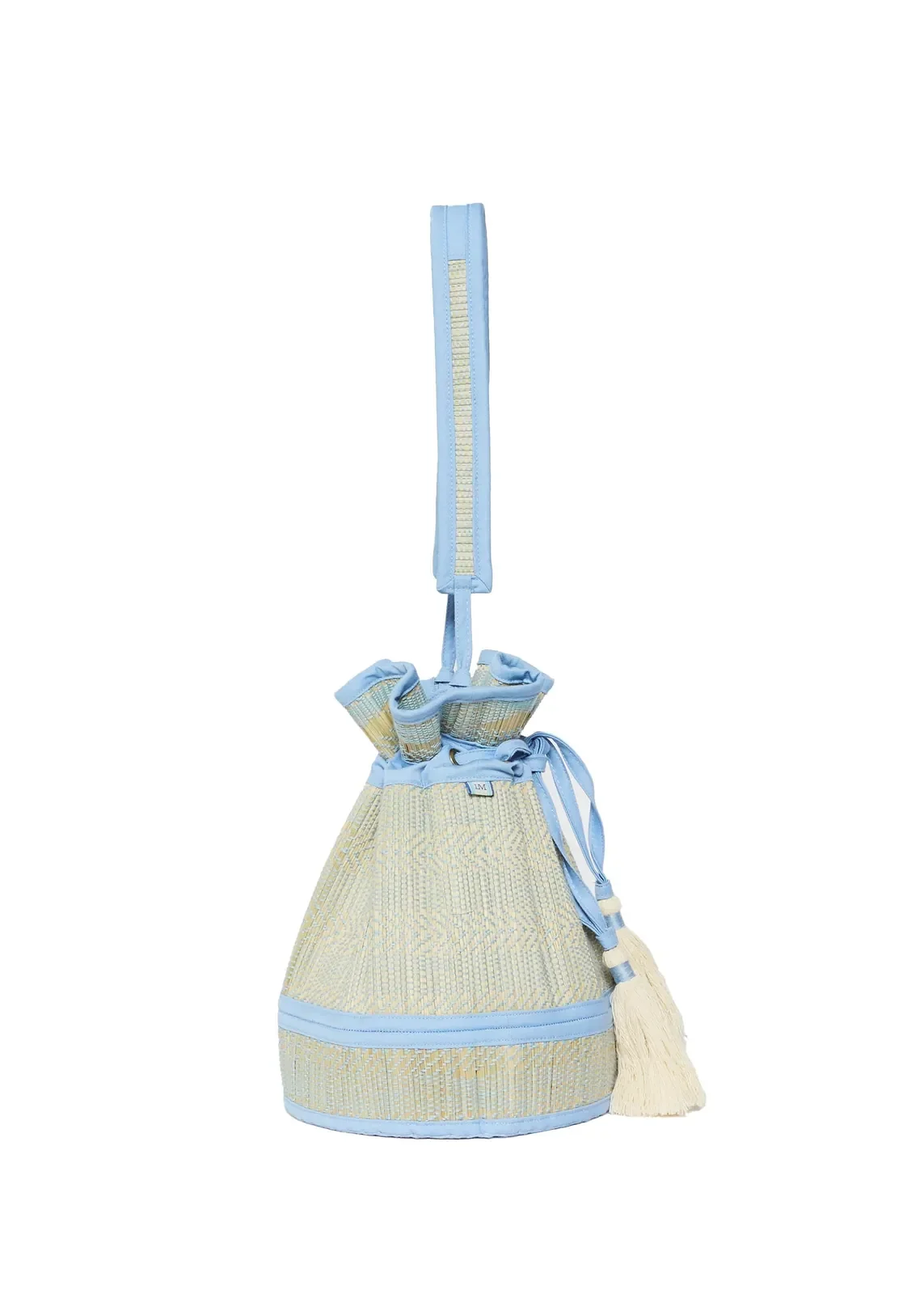 Side profile of the Lorna Murray Blue Bird Mini Leisure Tote highlighting its compact handcrafted woven silhouette.