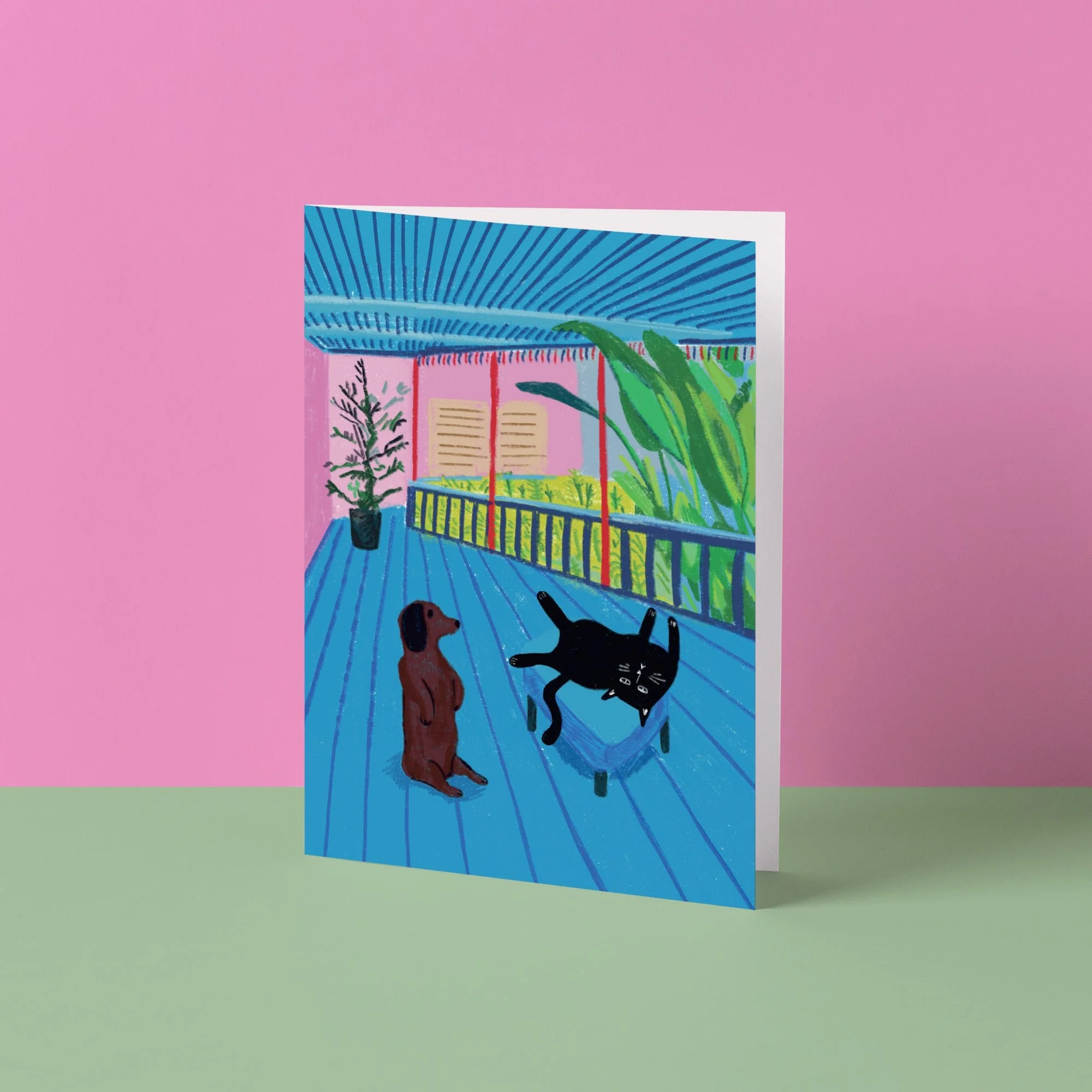 Hockney's Dog and Cat Card by NIASKI, colourful art-inspired pet greeting card and small gift for cat lovers and dog lovers at Goosebump Hong Kong