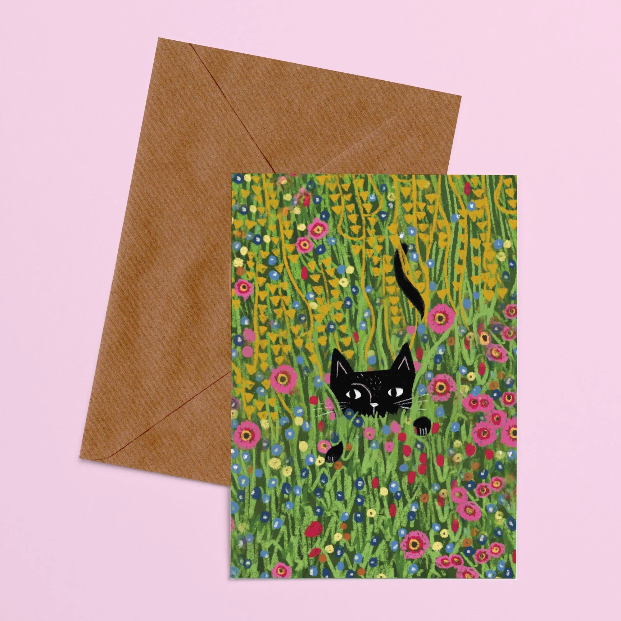 Cat hiding in a Klimt Garden Card by NIASKI, colourful art-inspired cat greeting card and small gift for cat lovers at Goosebump Hong Kong