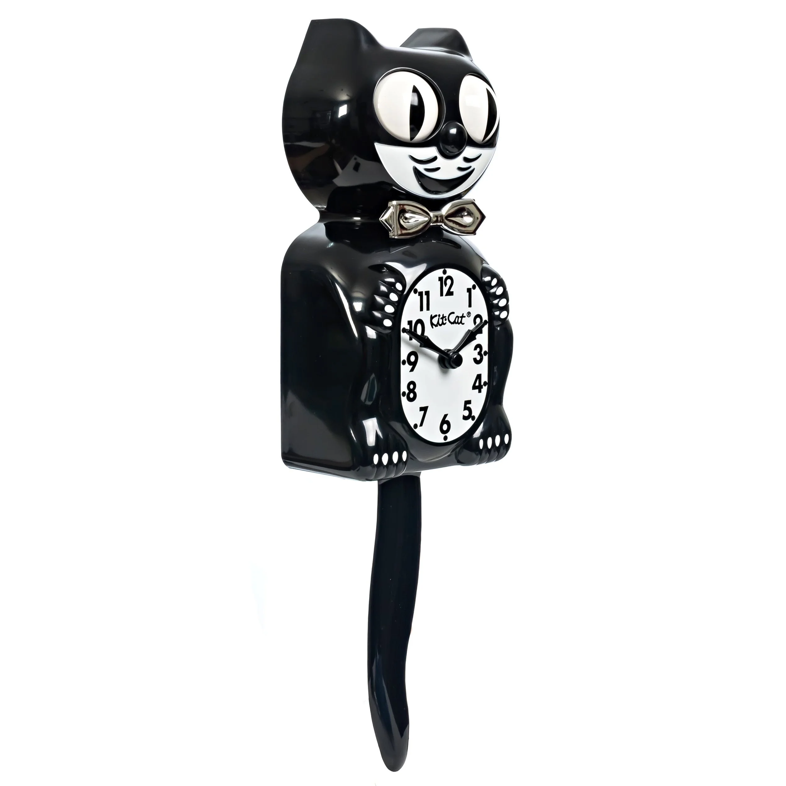 Tuxedo Kit-Cat Klock with black body, ivory belly, chrome bow tie, moving eyes and wagging tail, available at Goosebump Hong Kong.