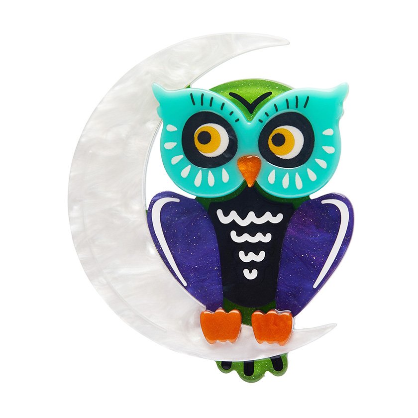 A Moon with a View Owl Brooch featuring a wise owl perched on a crescent moon, hand-assembled from textured resins, available at Goosebump.live in Hong Kong.