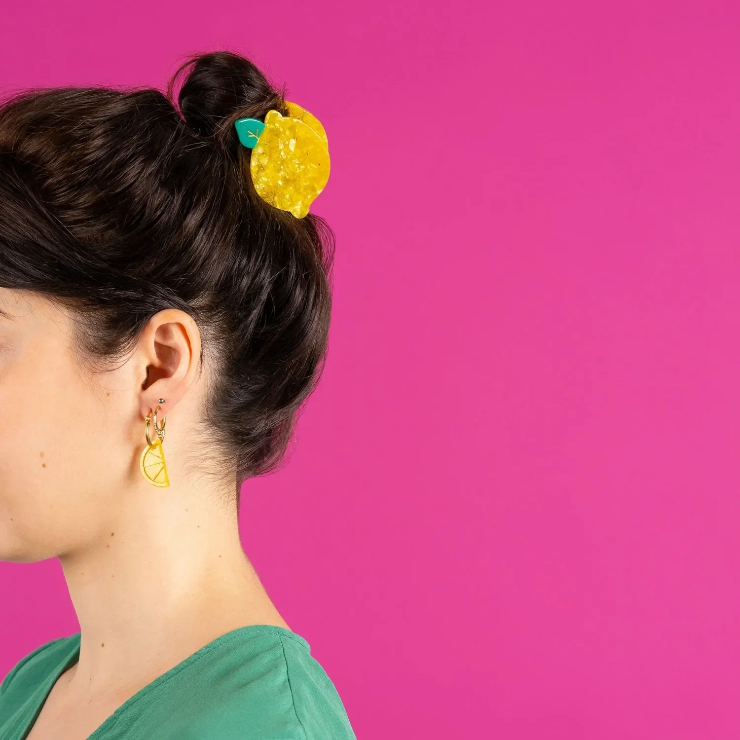 Coucou Suzette Lemon Hair Claw in glossy cellulose acetate, a cheerful French fruit-inspired hair accessory curated by Goosebump.