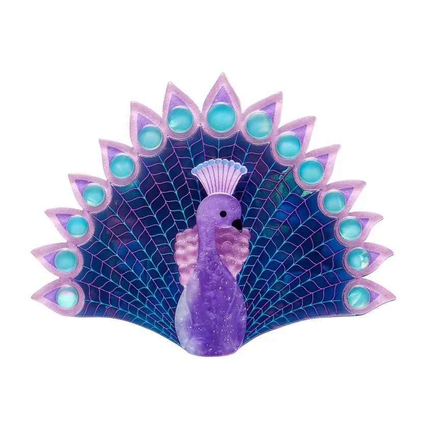 Penelope Peacock brooch by Erstwilder featuring layered resin feathers in violet, teal, and pearlescent tones, stockist exclusive bonus gift design.
