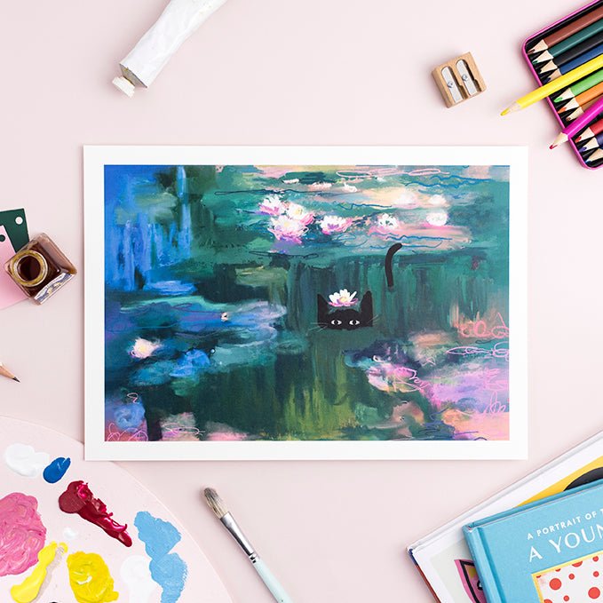Clawed Monet Waterlily Cat Print A4