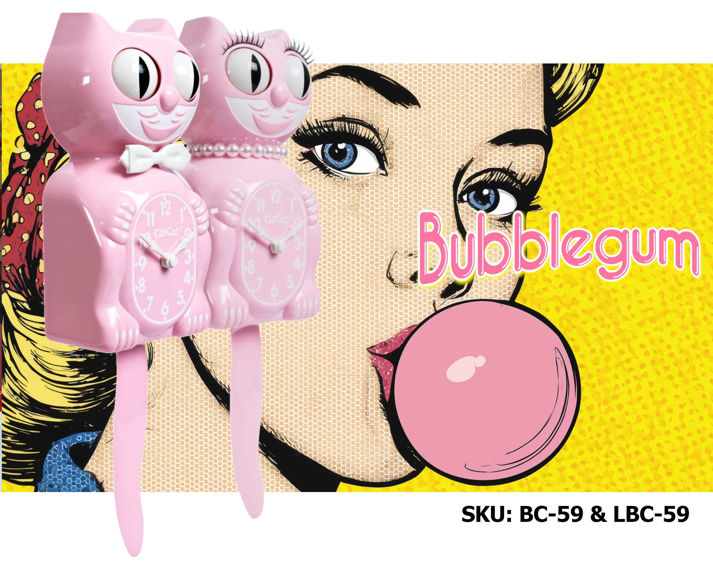 Bubblegum Pink Kit-Cat Klock in glossy pink with moving eyes and wagging tail, available at Goosebump Hong Kong.