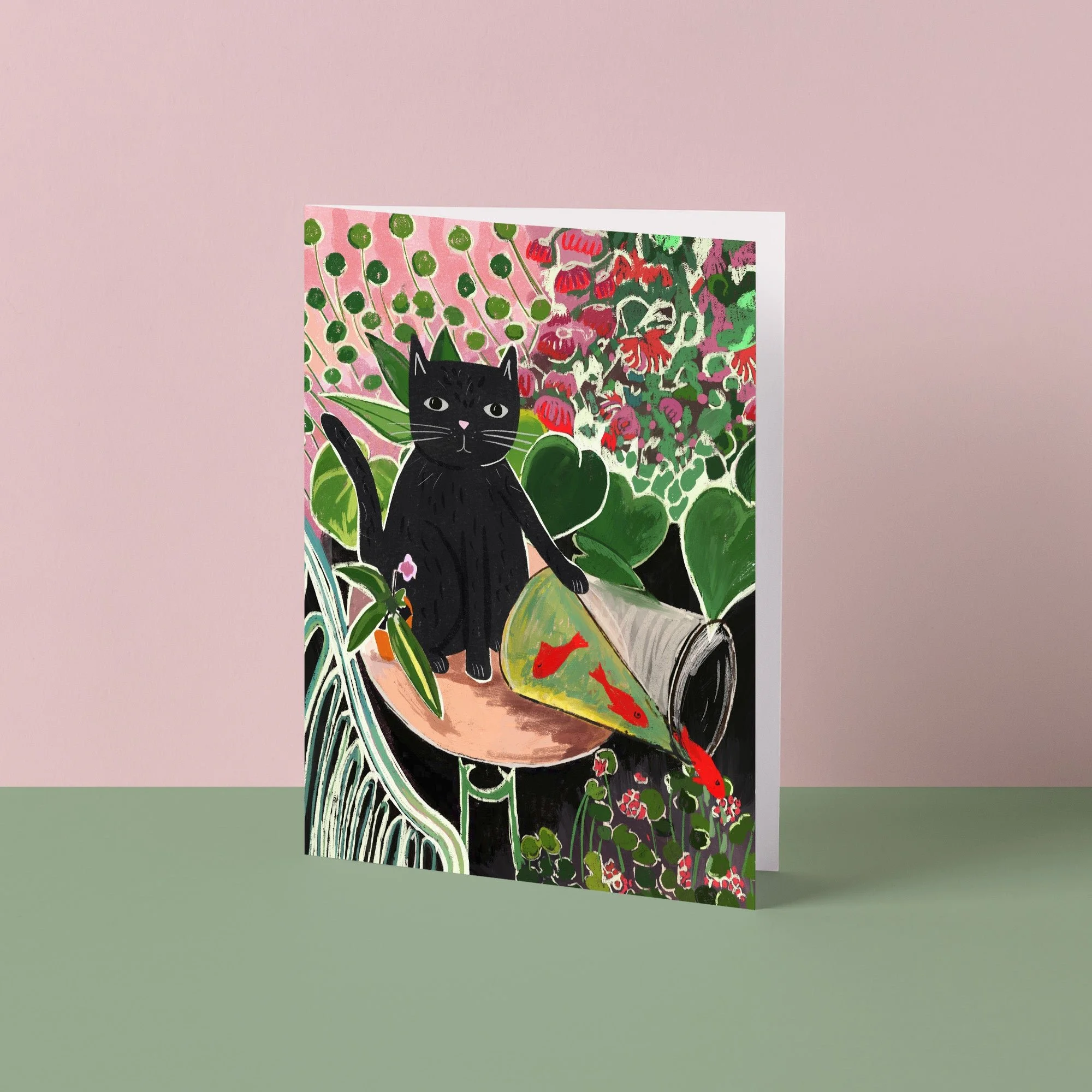 Catisse and the Goldfish Cat Card by NIASKI, colourful Matisse inspired cat greeting card and small gift for cat lovers at Goosebump Hong Kong