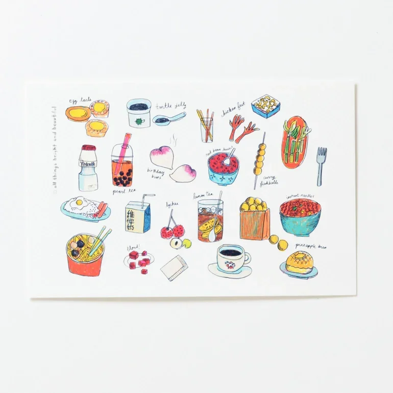 Hong Kong food illustrated postcard by All Things Bright And Beautiful