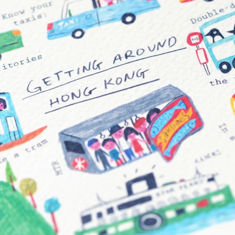 Hong Kong transportation illustrated postcard by All Things Bright And Beautiful