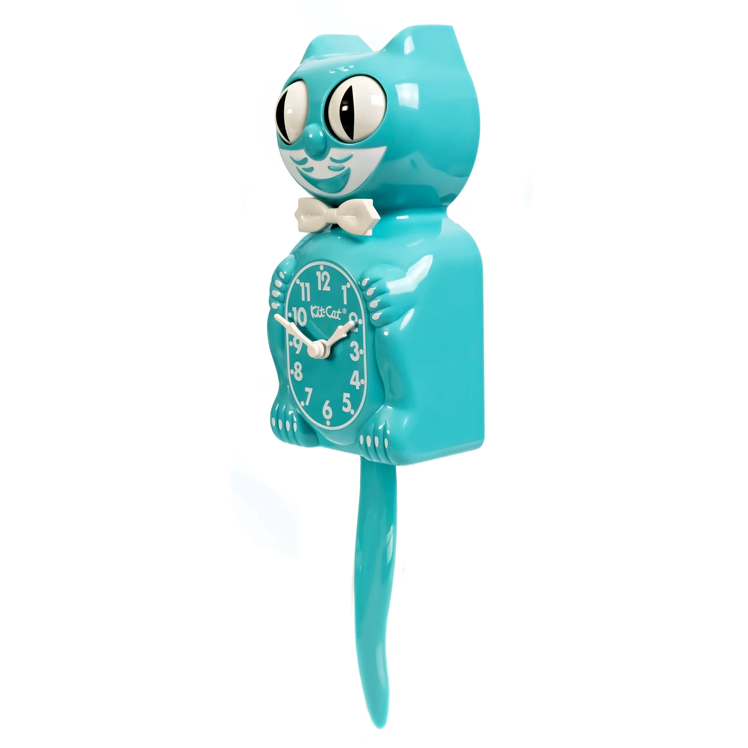 Vibrant Turquoise Kit-Cat Klock in bright blue-green with moving eyes and wagging tail, available at Goosebump Hong Kong.