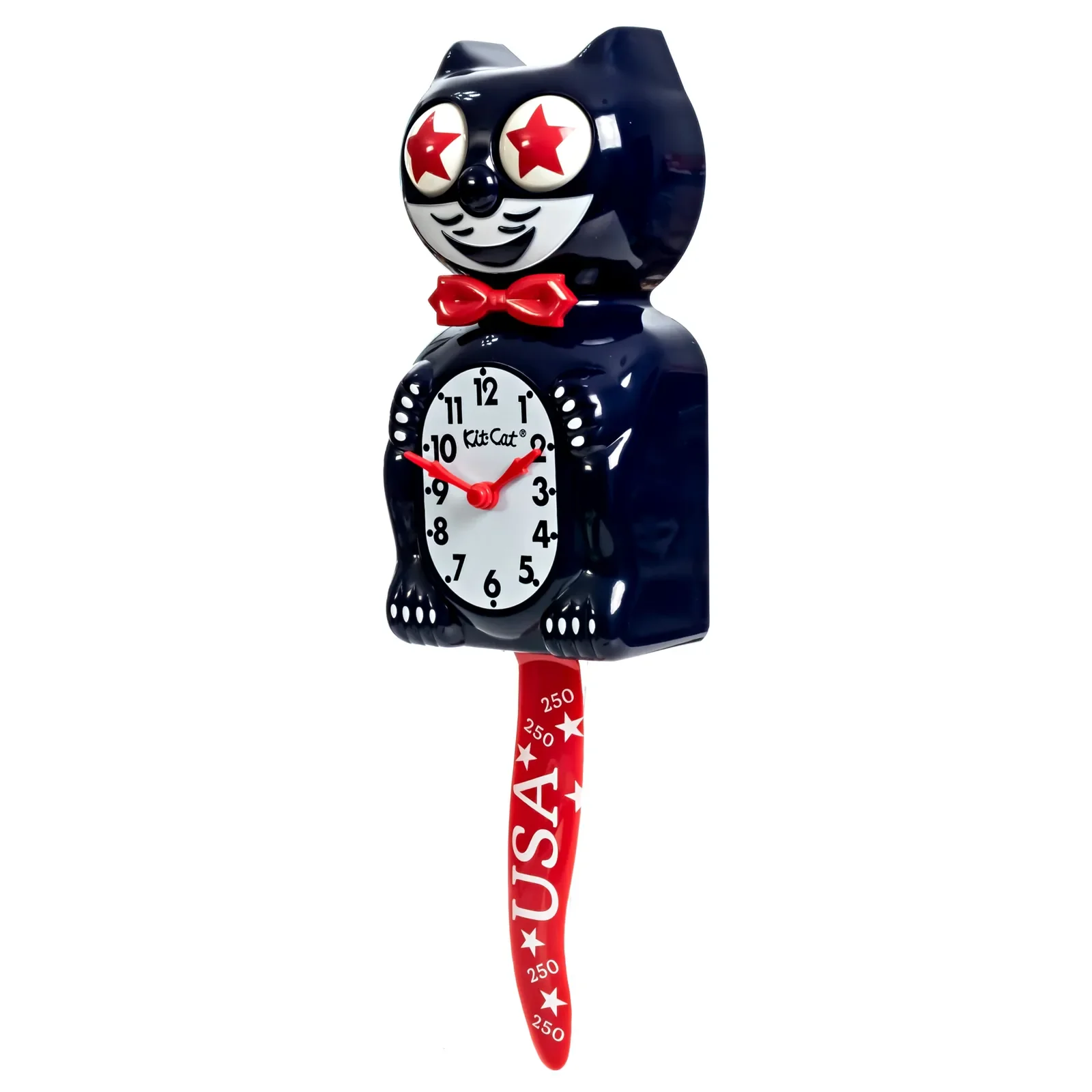 Kit-Cat Klock Old Glory Special Edition blue wall clock with red star eyes, red hands and commemorative red tail