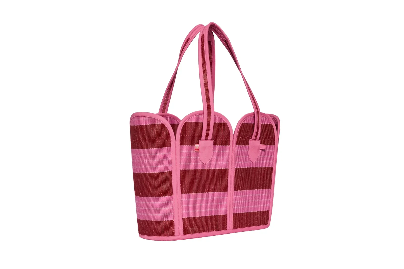 Lorna Murray Dragonfruit Summer Vacation Tote front view in handwoven natural grass fibres with pink and cherry red woven stripes.