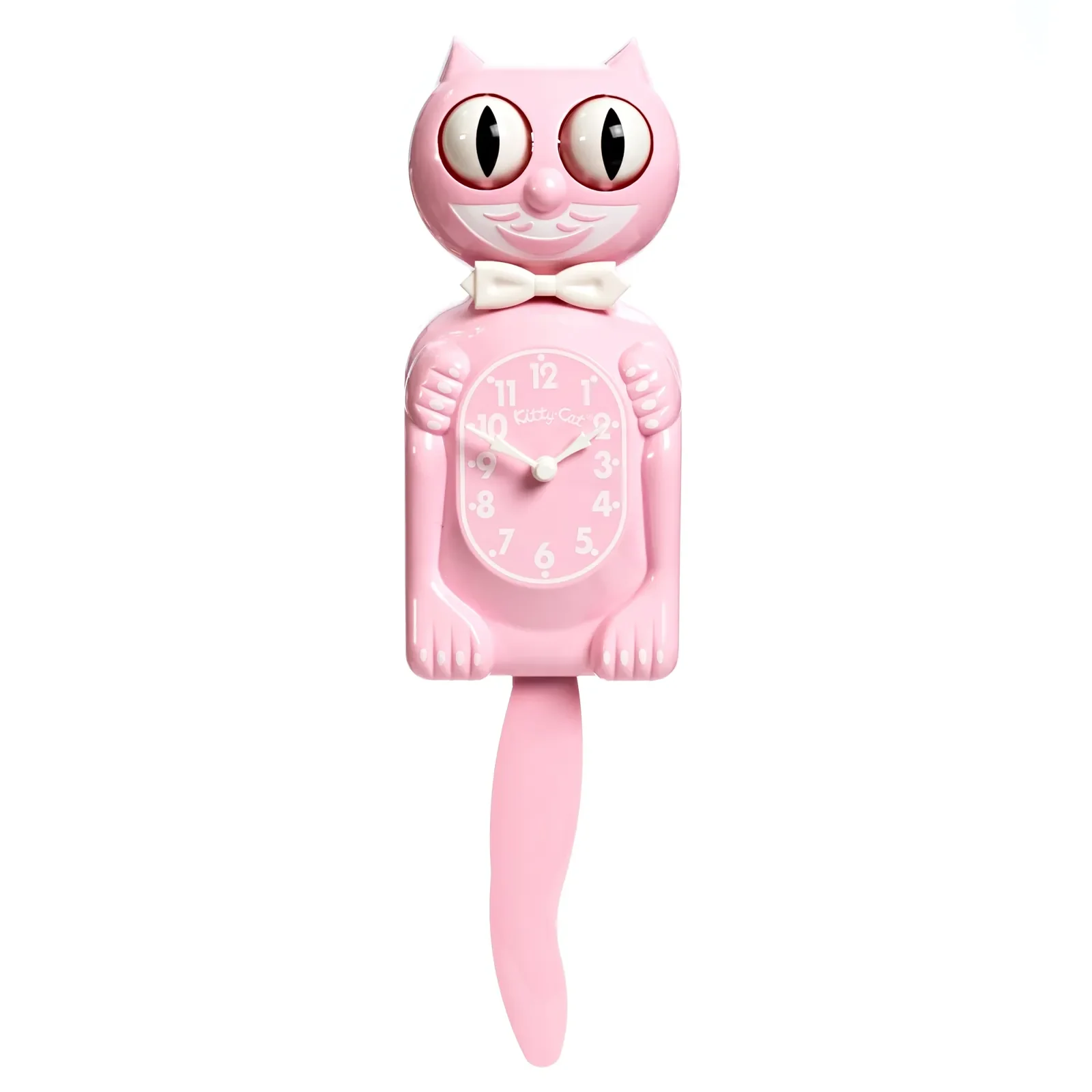 Bubblegum Pink Kitty-Cat Klock 12.75-inch pink wall clock with white bow tie, moving eyes and wagging tail