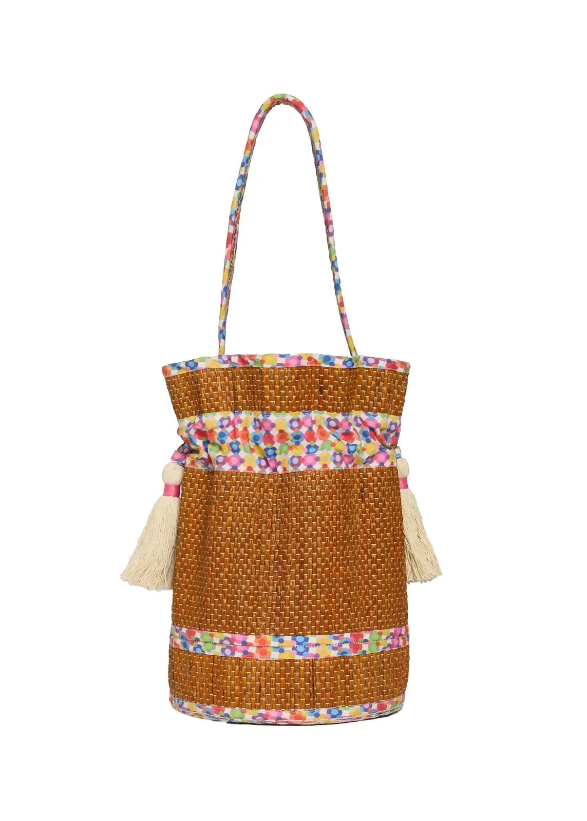 Back view of the Lorna Murray Sun Speckles Afternoon Mini Leisure Tote featuring handcrafted natural grass fibre weaving and a drawstring closure.