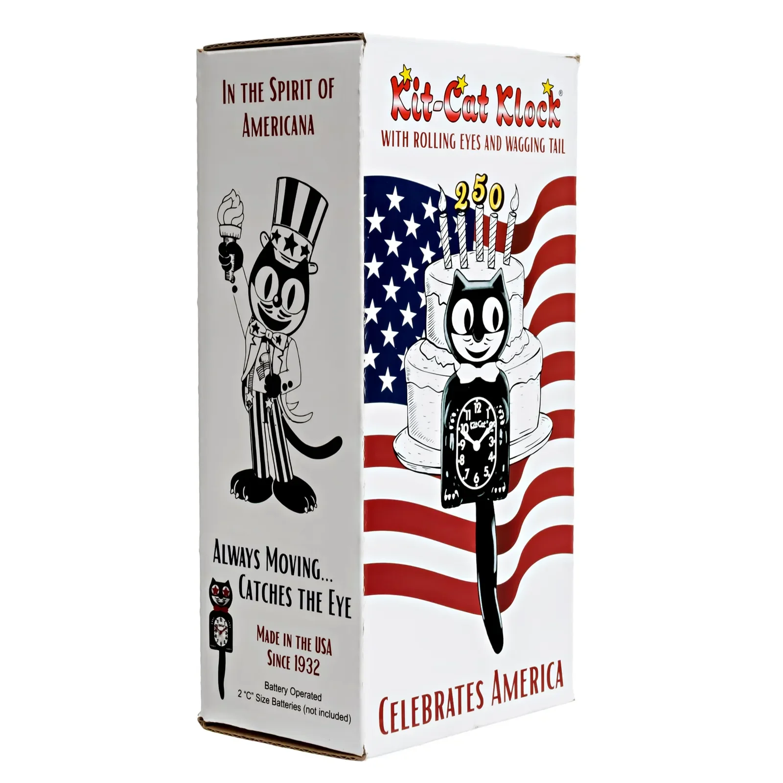 Kit-Cat Klock Old Glory Special Edition blue wall clock with red star eyes, red hands and commemorative red tail