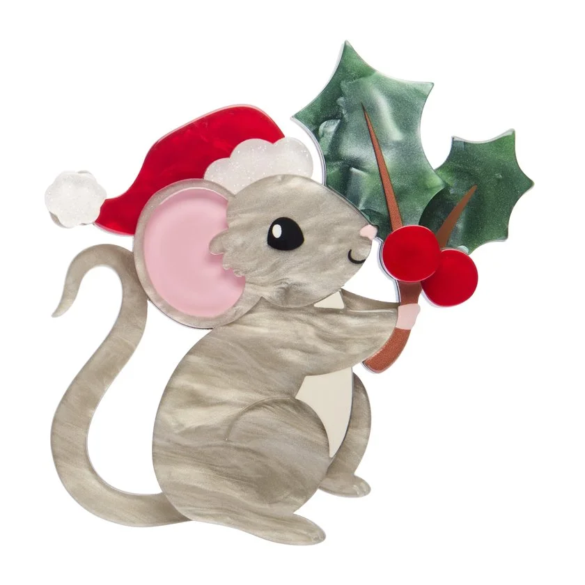 Erstwilder Milly the Mouse Brooch with Santa hat and holly, festive resin pin for cute Christmas outfits, available at Goosebump Hong Kong