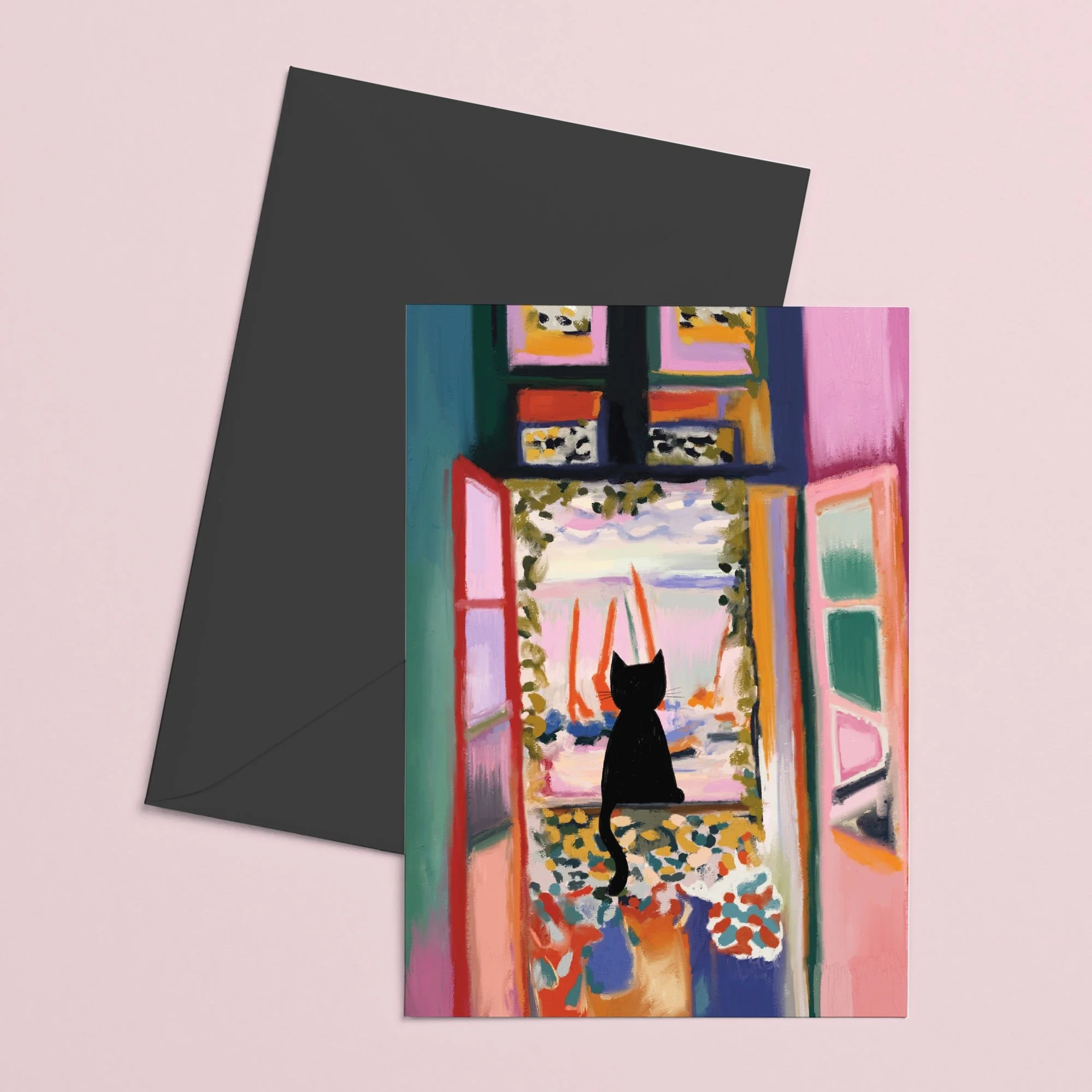 Catisse in the window cat Card by NIASKI, colourful art-inspired cat greeting card and small gift for cat lovers at Goosebump Hong Kong