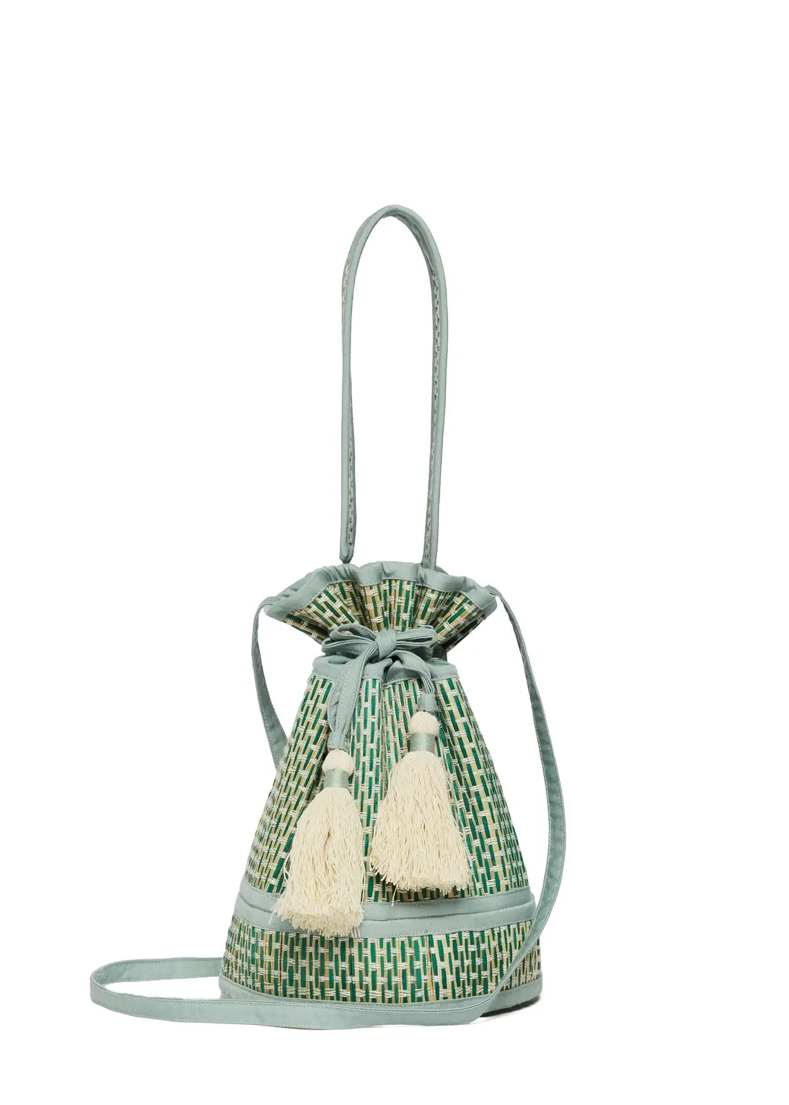 Side profile of the Lorna Murray Fiji Mini Leisure Tote highlighting its compact woven silhouette.