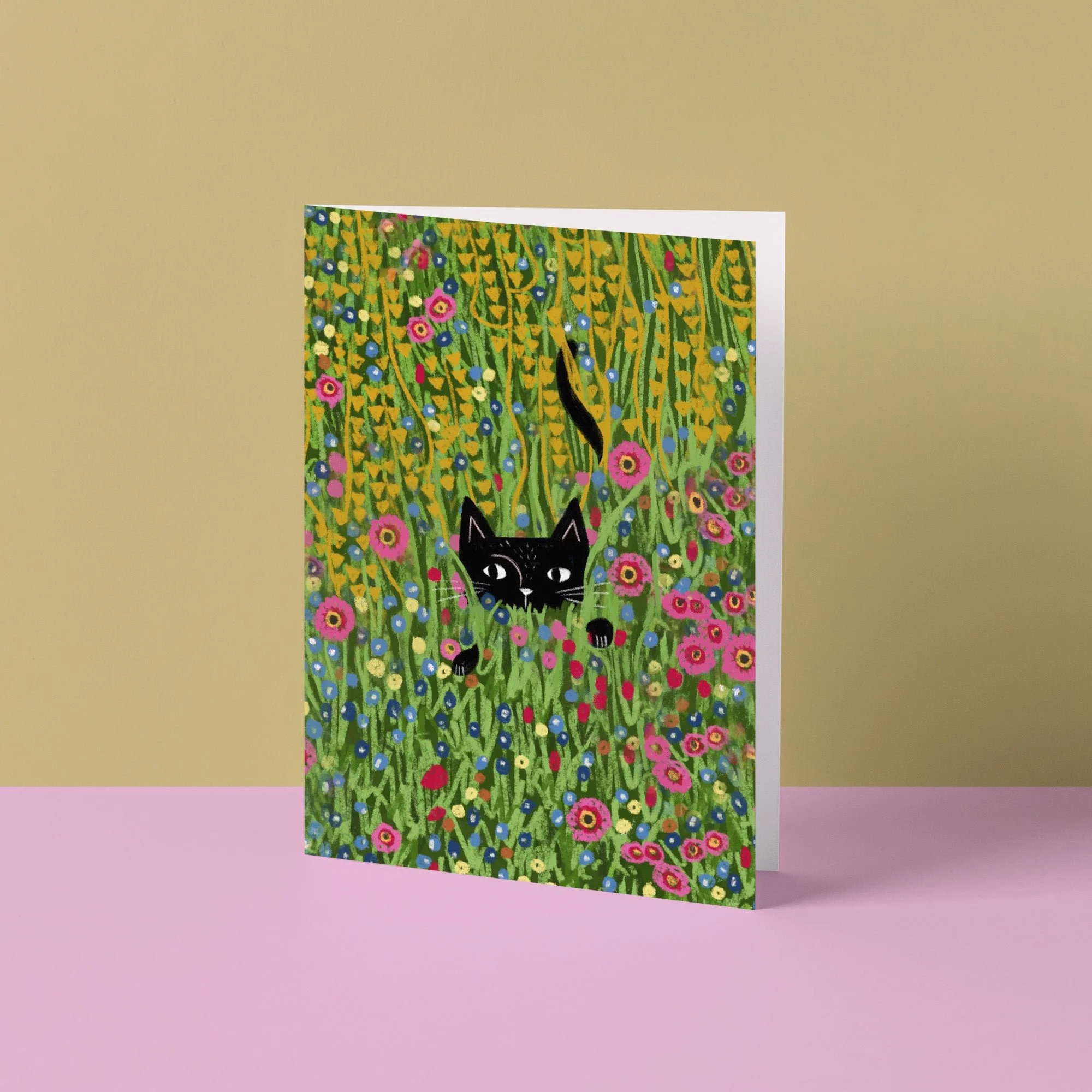 Cat hiding in a Klimt Garden Card by NIASKI, colourful art-inspired cat greeting card and small gift for cat lovers at Goosebump Hong Kong