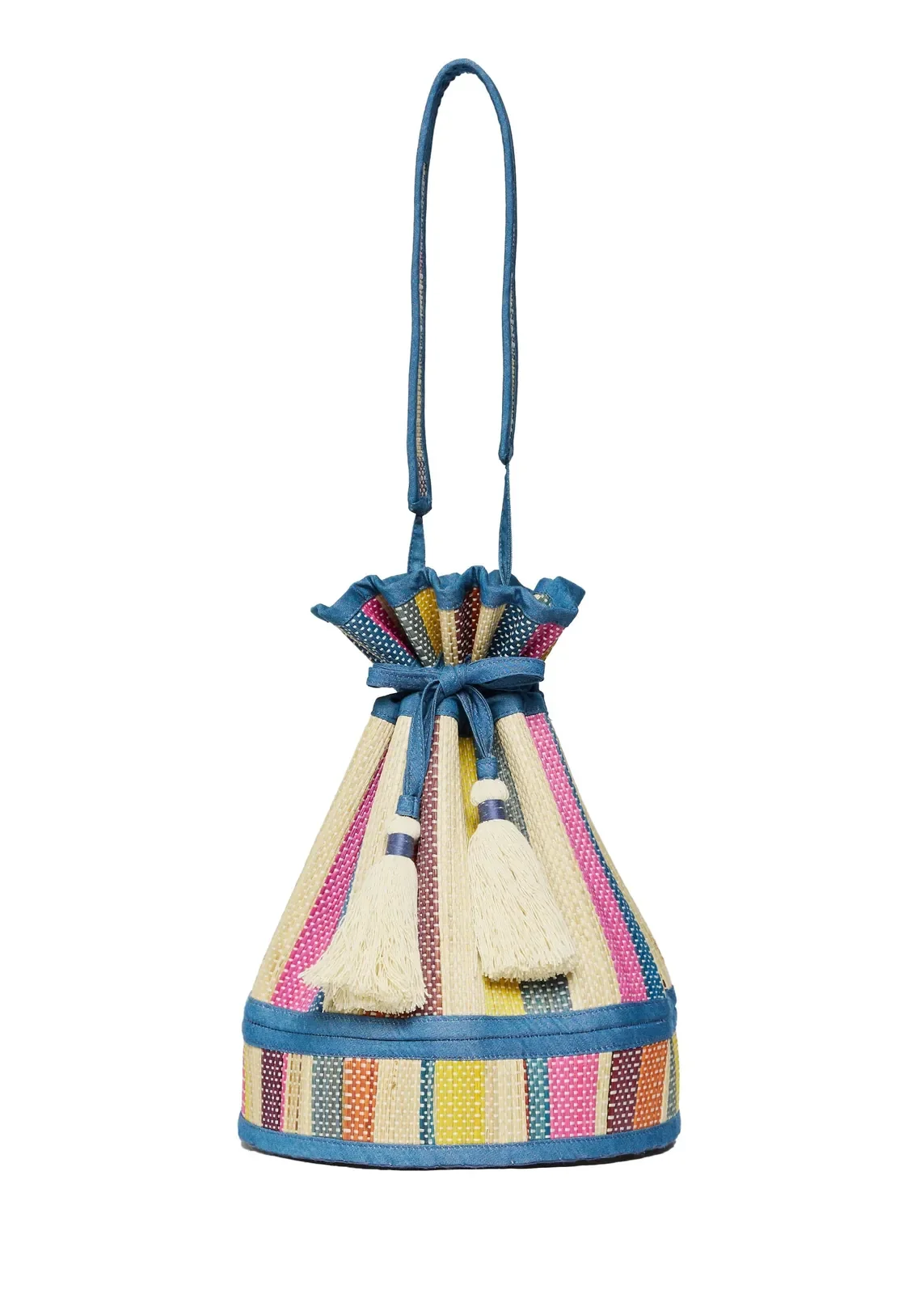 Lorna Murray Nassau Midi Leisure Tote front view in handwoven natural grass fibres with a colourful striped design.