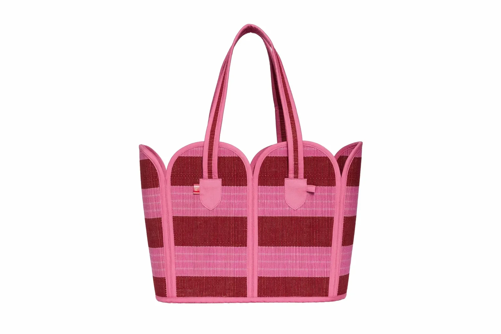 Lorna Murray Dragonfruit Summer Vacation Tote front view in handwoven natural grass fibres with pink and cherry red woven stripes.