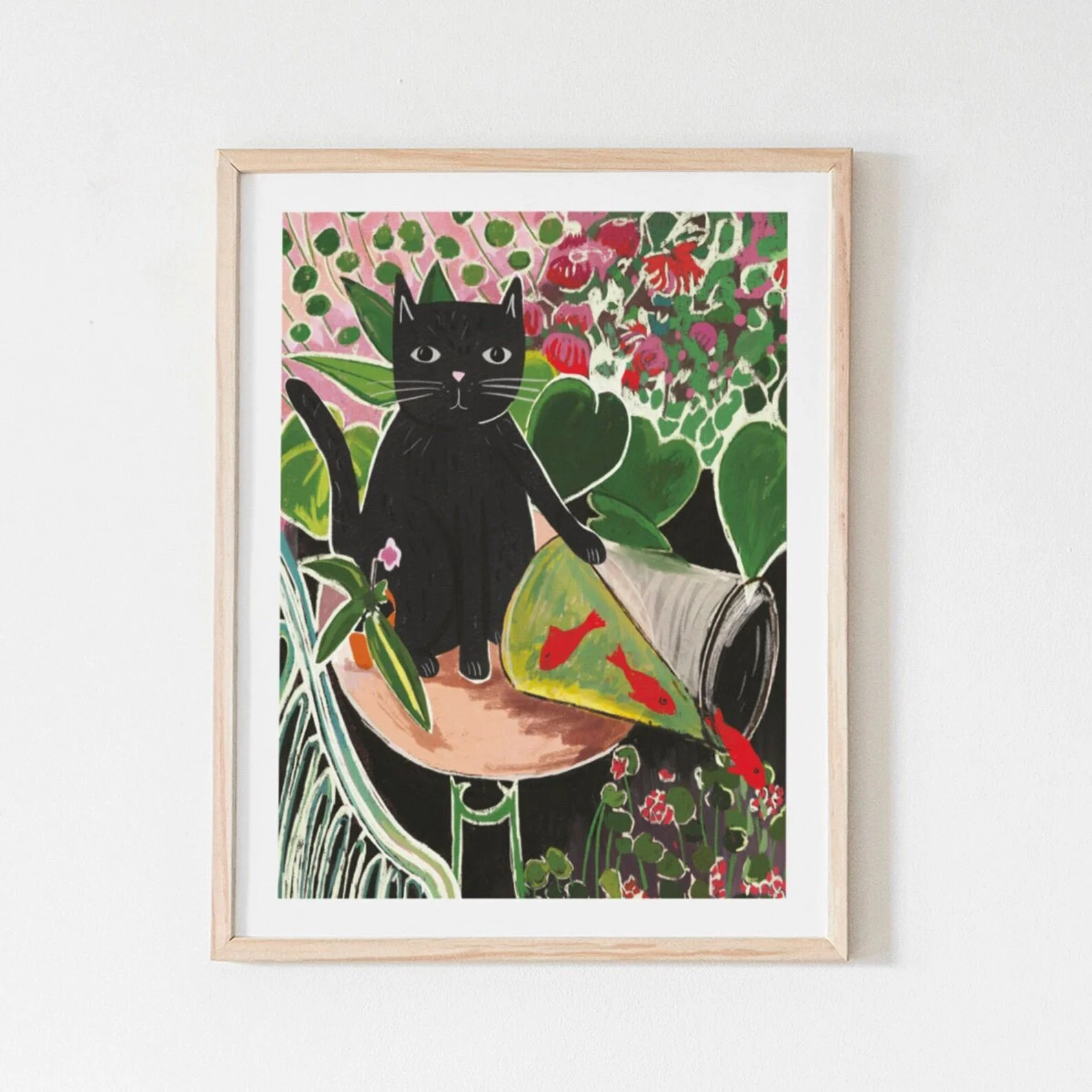 Catisse and the Goldfish Cat Art Print A4 by NIASKI, Matisse inspired cat wall art print for colourful home decor and art lover gifts at Goosebump Hong Kong