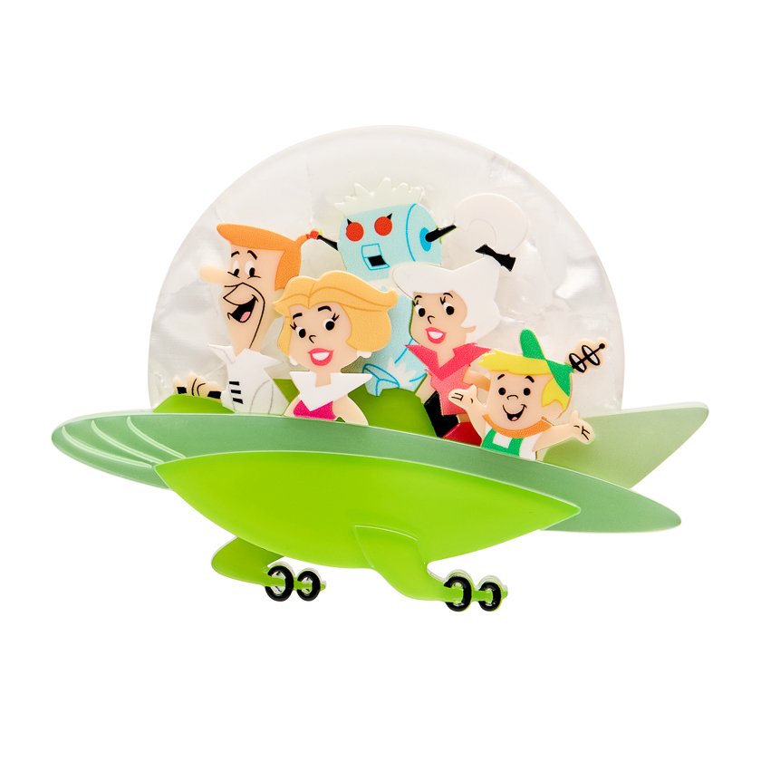 The Jetsons Aerocar brooch by Erstwilder, featuring a retro futuristic flying car design in layered resin, inspired by classic Hanna-Barbera animation.
