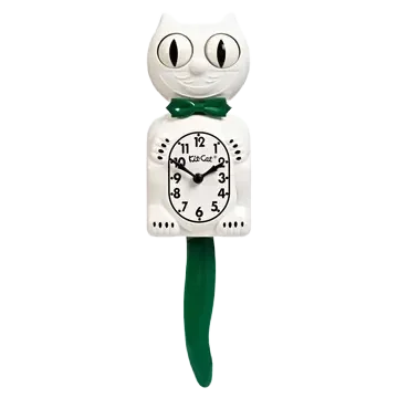 Kit-Cat Klock Candy Cane Green Limited Edition white wall clock with forest green bow tie and wagging tail.webp