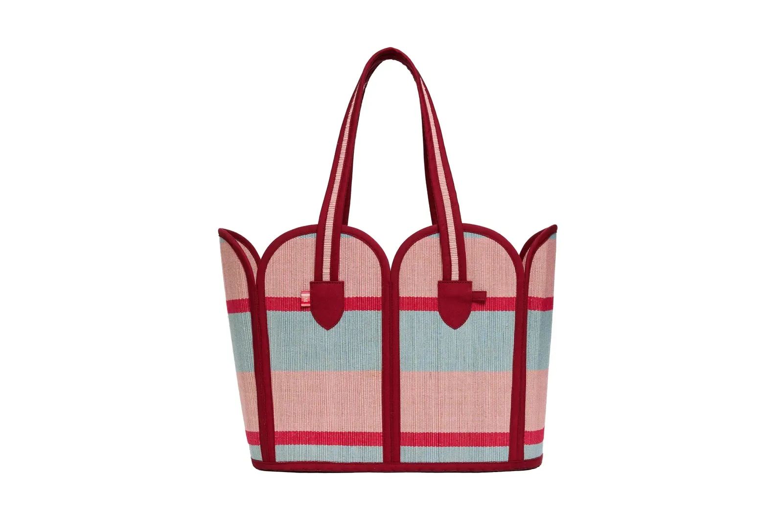 Back view of the Lorna Murray Escape Vacation Tote featuring blush pink, fuchsia pink and sky blue woven stripes.