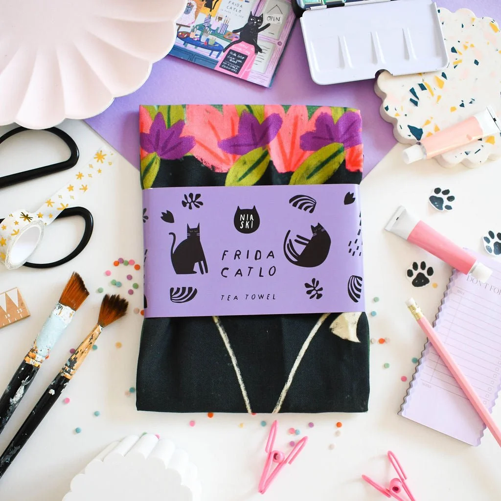 Frida Catlo Cat Tea Towel by NIASKI, 100% cotton Cats in Art kitchen towel and art-inspired home gift for cat lovers at Goosebump Hong Kong