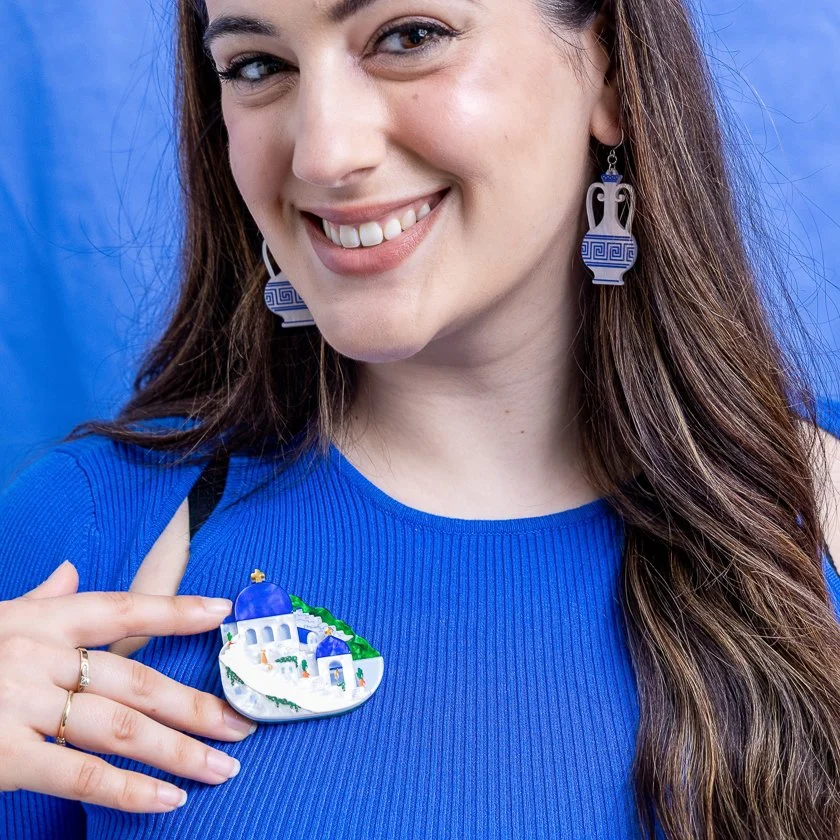 Erstwilder Santorini Sunsets Brooch inspired by Greek island sunsets, handcrafted resin brooch with soft blue and warm tones