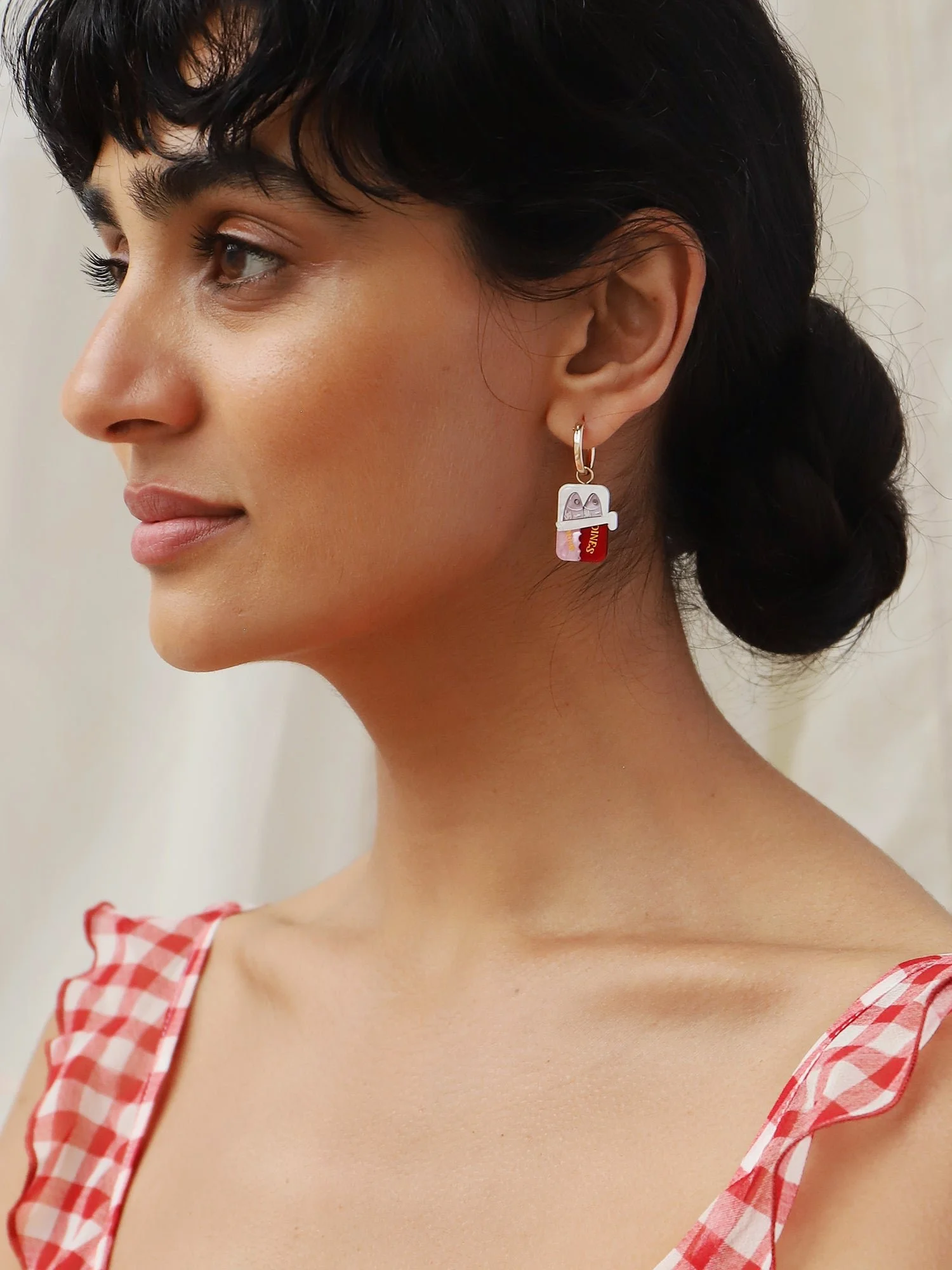 Wolf & Moon Sardine Hoops with sardine tin-inspired acrylic charms, crystal details and gold-filled hoop earrings.