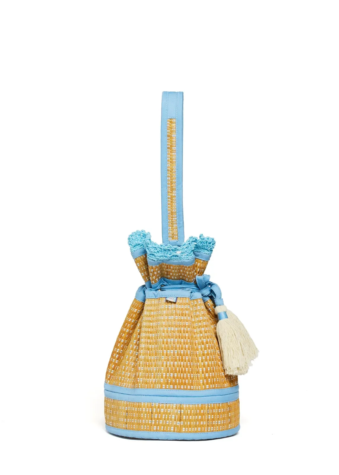 Top view of the Lorna Murray Sea Scape Garden Mini Leisure Tote showing the drawstring opening and handcrafted woven interior.