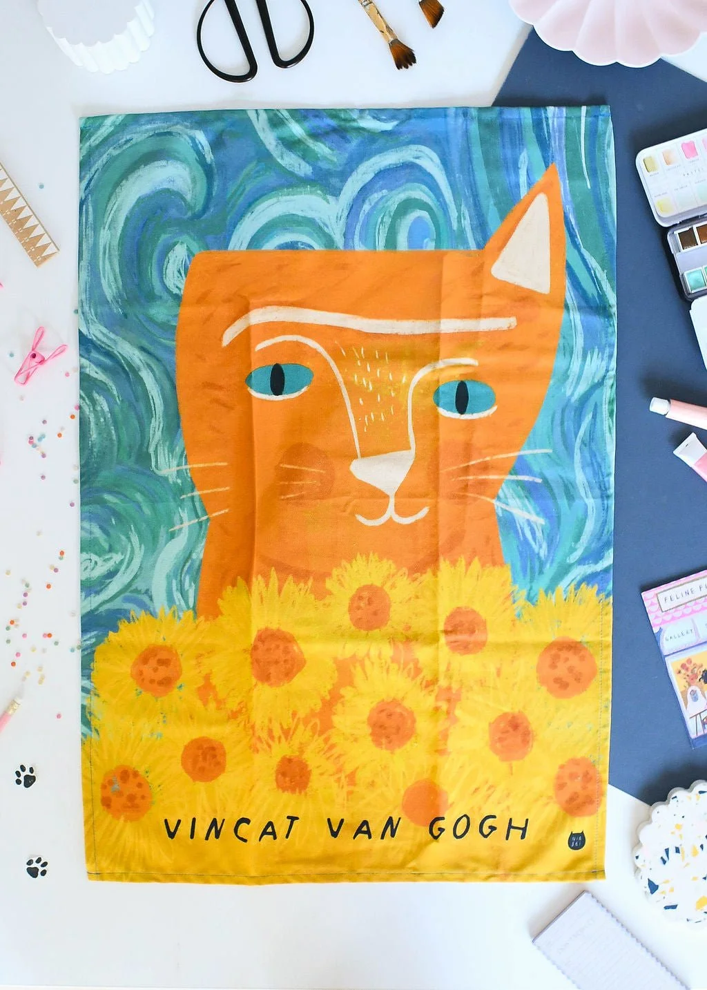 Vincat Van Gogh Cat Tea Towel by NIASKI, 100% cotton Cats in Art kitchen towel and art-inspired home gift for cat lovers at Goosebump Hong Kong