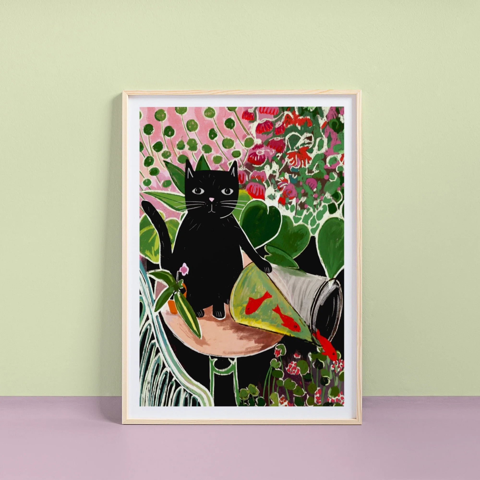 Catisse and the Goldfish Cat Art Print A4 by NIASKI, Matisse inspired cat wall art print for colourful home decor and art lover gifts at Goosebump Hong Kong