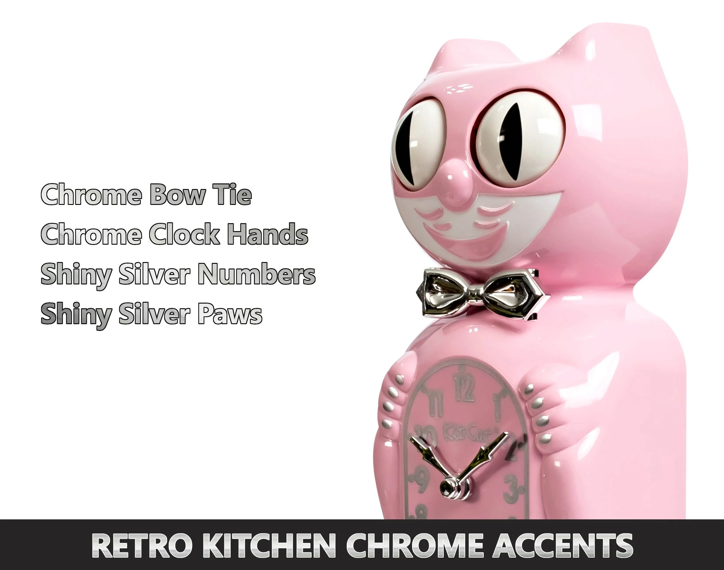 Retro Pink Kitchen Edition Kit-Cat Klock in soft pink with chrome bow tie, silver numbers, moving eyes and wagging tail, available at Goosebump Hong Kong.