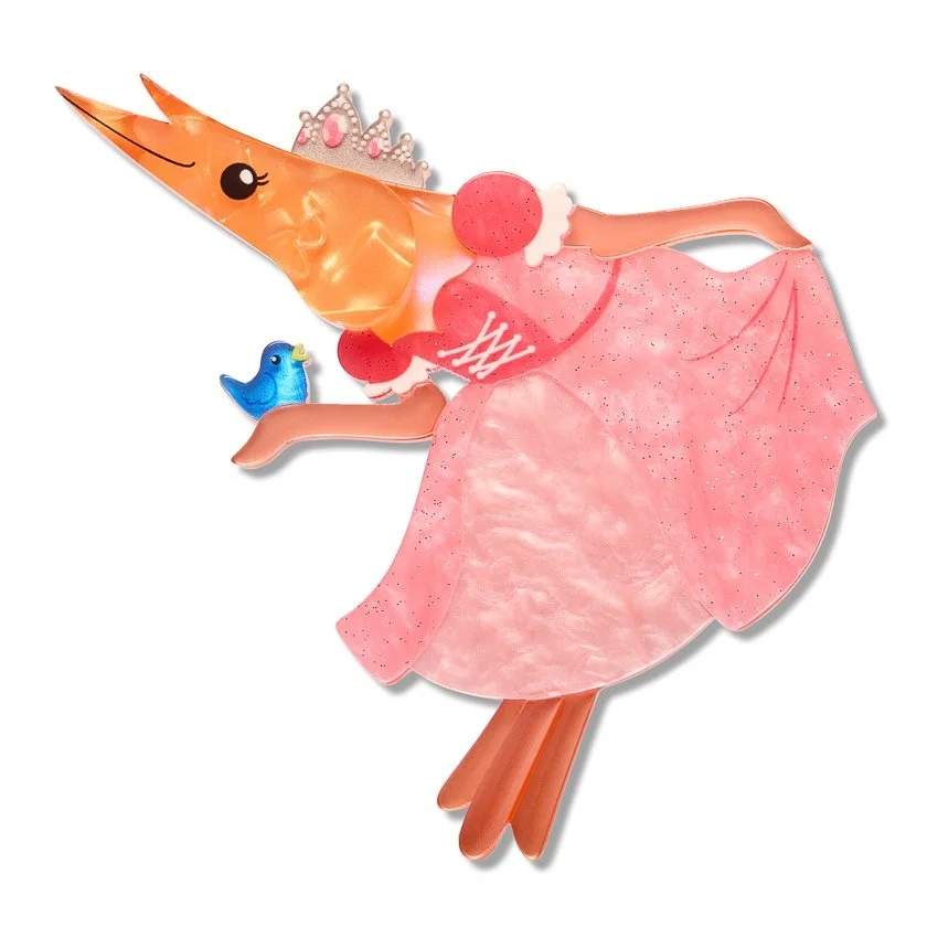 Erstwilder Pascal the Princess Prawn Brooch featuring Pascal dressed in a pink princess outfit