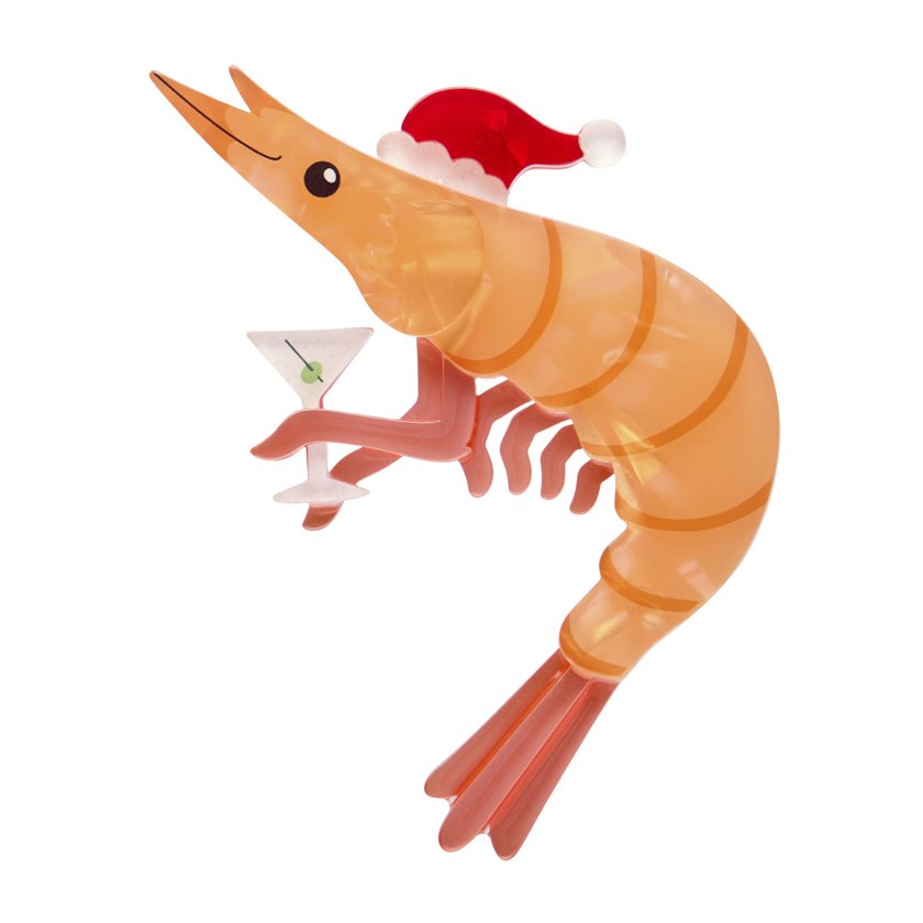 Erstwilder Pascal the Prawn brooch with Santa hat holding Christmas gift. Bright orange resin, festive seaside style. Limited batch at Goosebump Hong Kong.