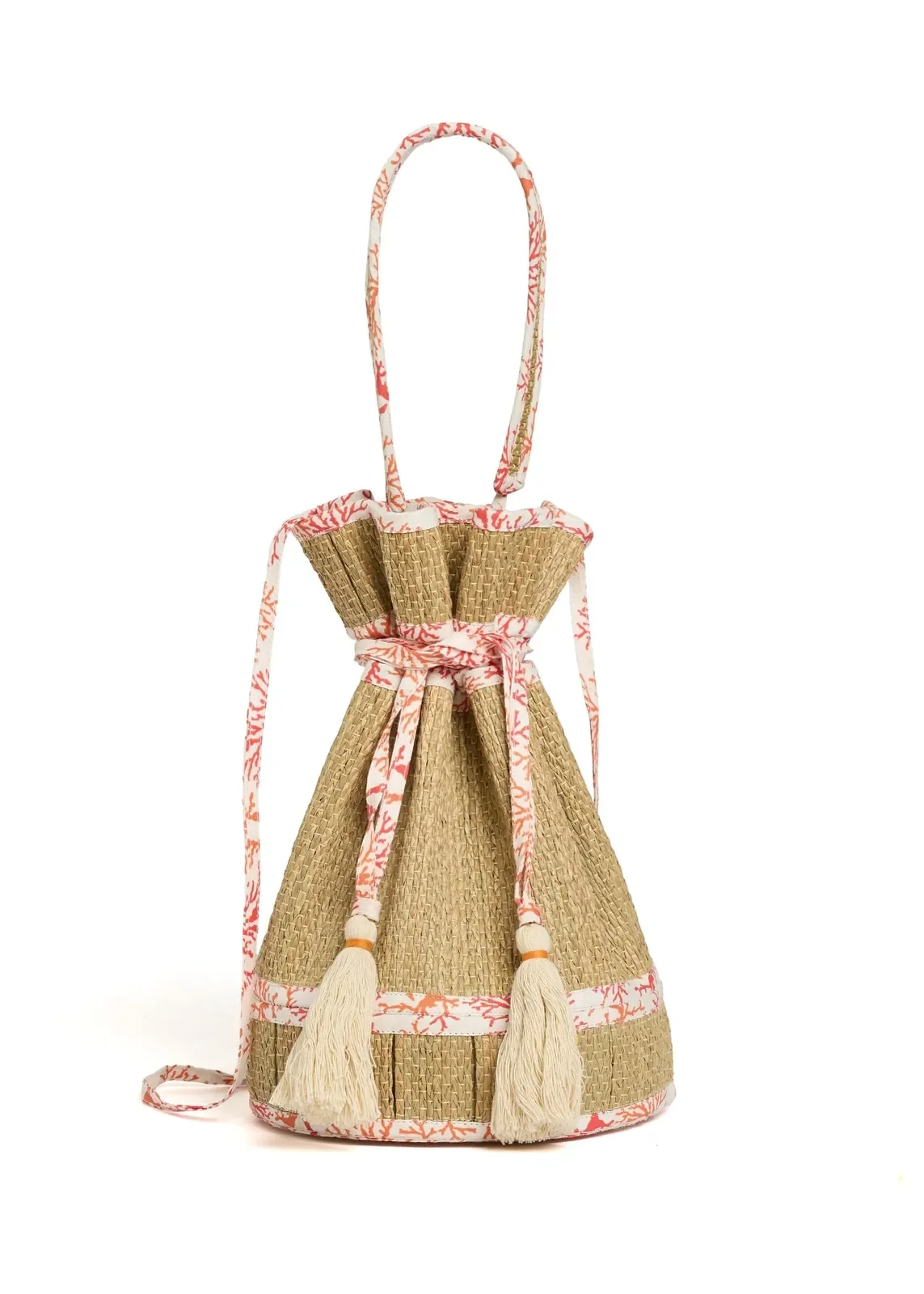 Side profile of the Lorna Murray Coral Midi Leisure Tote highlighting its structured woven silhouette.