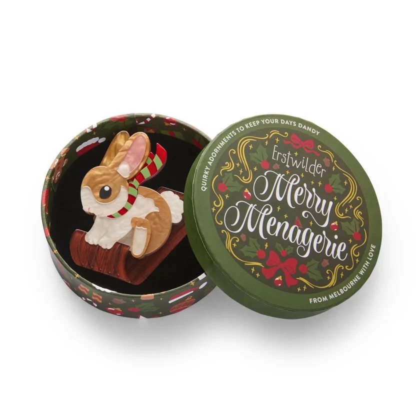 Breezy the Bunny Brooch by Erstwilder — cute pastel bunny wearing winter bow, handmade layered resin. Perfect for soft-aesthetic Christmas gifting. Exclusive at Goosebump Hong Kong.