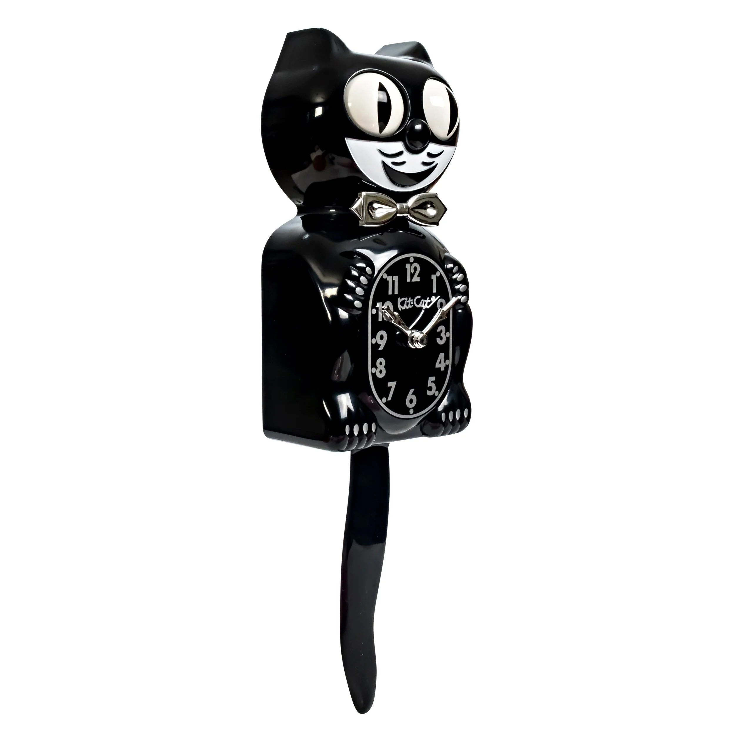 Retro Black Kitchen Edition Kit-Cat Klock in glossy black with chrome bow tie, silver numbers, moving eyes and wagging tail, available at Goosebump Hong Kong.