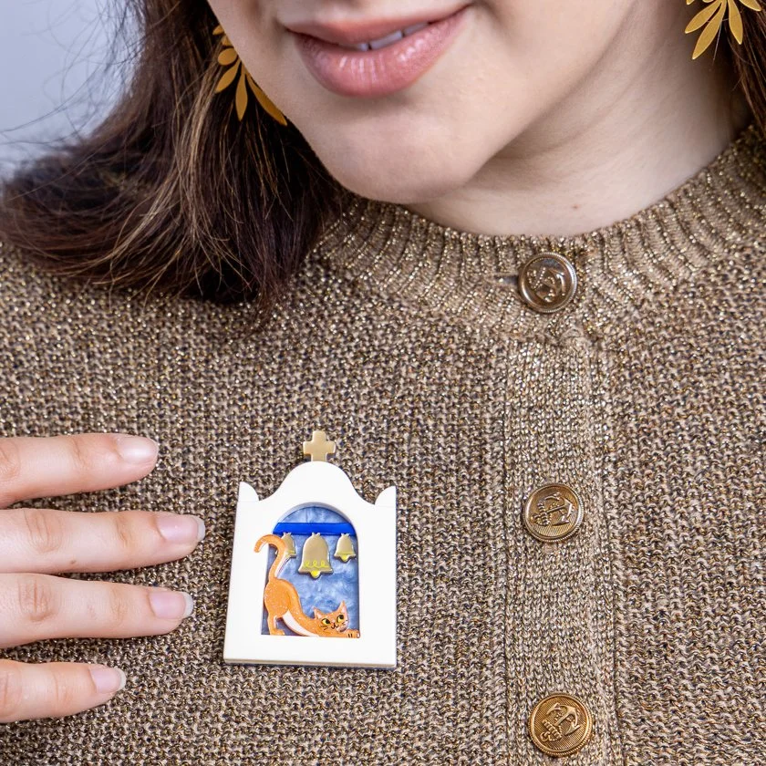 Erstwilder Aegean Feline Brooch inspired by Greek island cats, handcrafted resin brooch with relaxed feline design