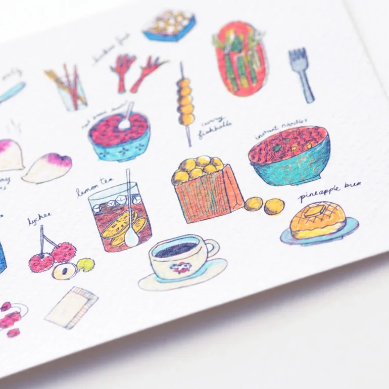 Hong Kong food illustrated postcard by All Things Bright And Beautiful