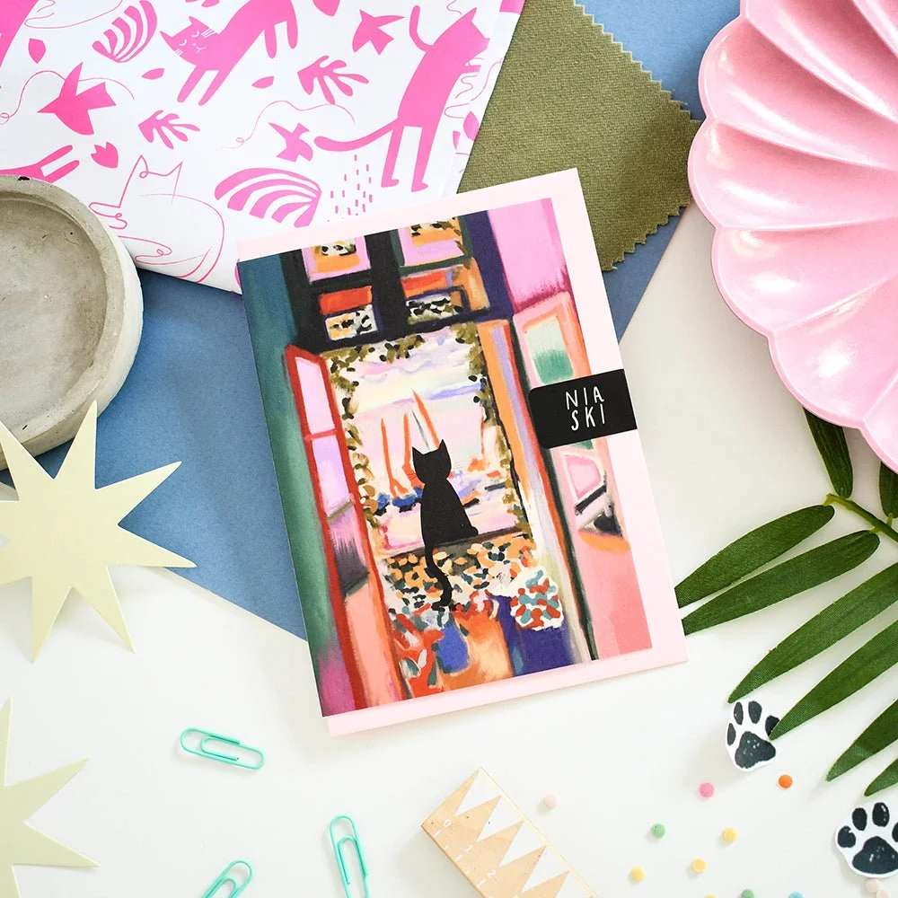 Catisse in the window cat Card by NIASKI, colourful art-inspired cat greeting card and small gift for cat lovers at Goosebump Hong Kong