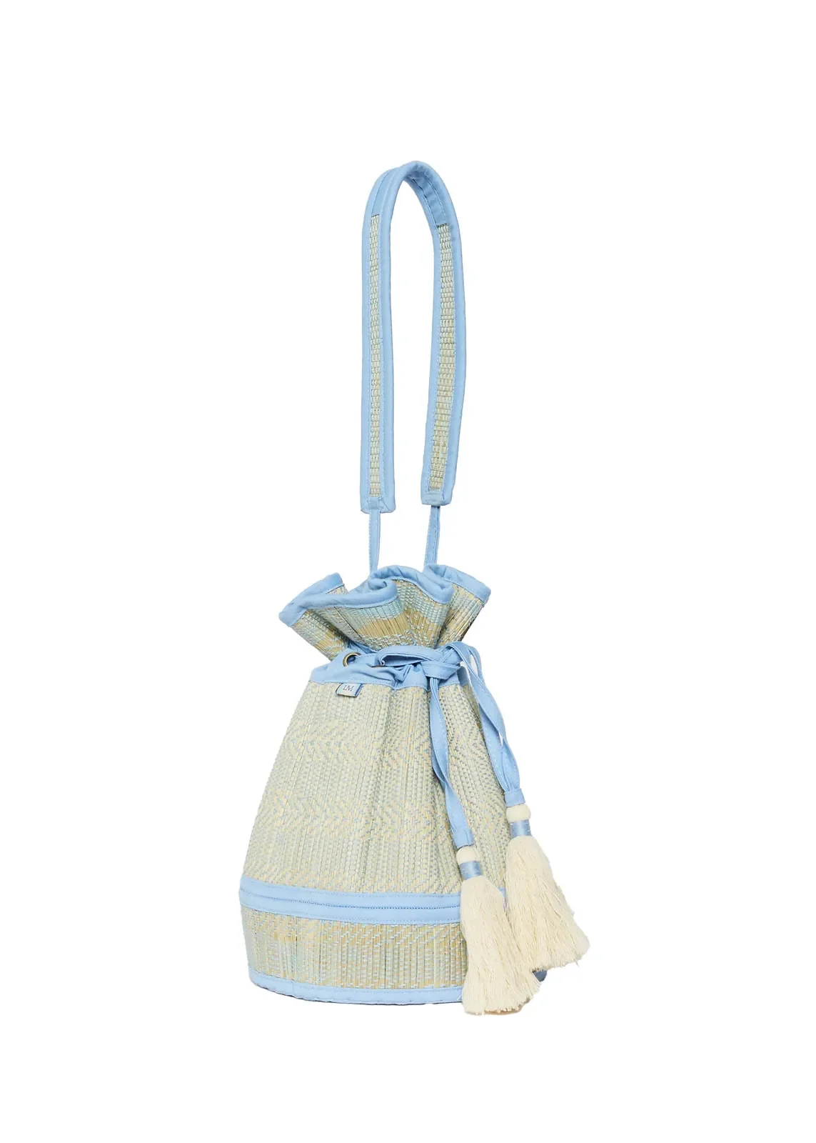 Top view of the Lorna Murray Blue Bird Mini Leisure Tote showing the drawstring opening and handcrafted woven construction.