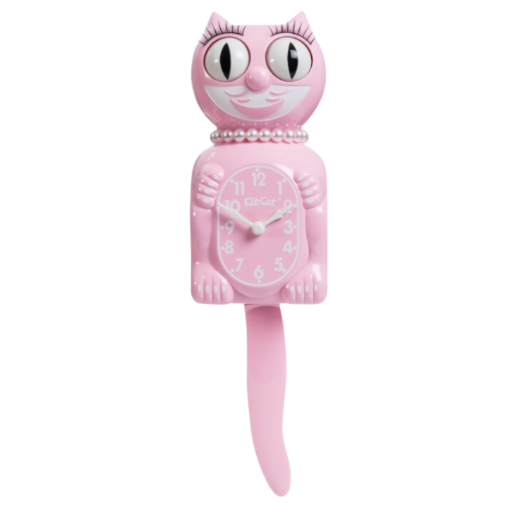 Bubblegum Pink Kit-Cat Klock in glossy pink with moving eyes and wagging tail, available at Goosebump Hong Kong.